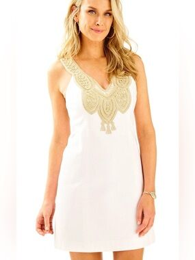 Lilly Pulitzer Largo Resort White Gold Lace Embroidered Shift Dress